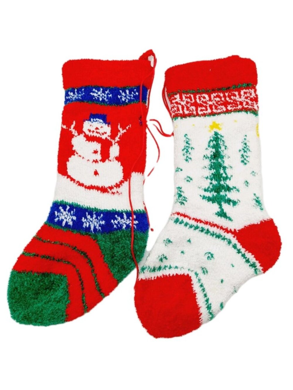 Christmas Stocking Christmas Trees Snowman 16" Red White Green Knit Set Of 2
